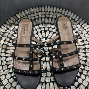 Valentino Black and Gold Studded Sandals